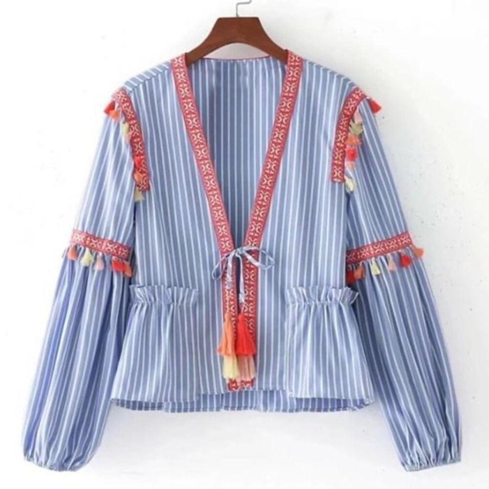 Striped Blue Tassel-Trim Women's Top
